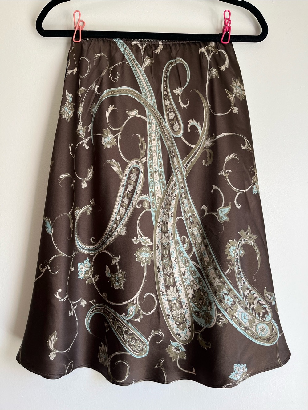Stunning 100% Silk Ann Taylor Brown Paisley A-Line Skirt Y2K